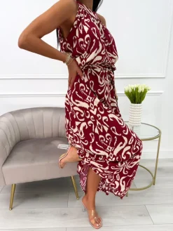 Bordowa Sukienka Maxi w Beżowy Wzór z Paskiem 14019-233-A|Modna Kiecka Fashion