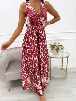 Bordowa Sukienka Maxi ze Wzorem i Paskiem 14089-313-A|Modna Kiecka Discount