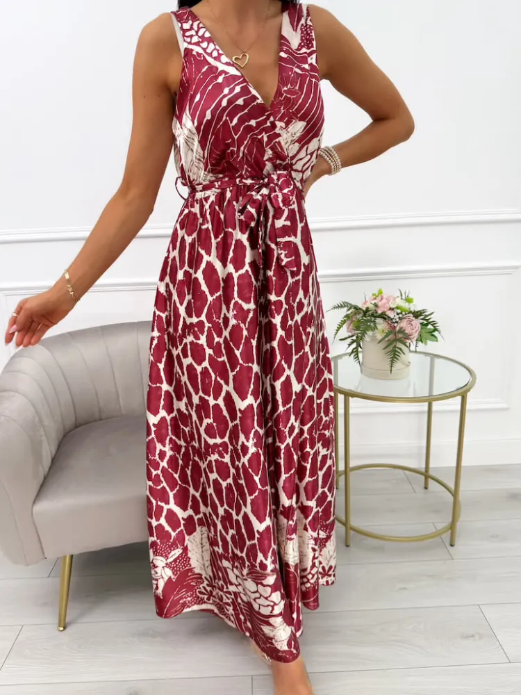 Bordowa Sukienka Maxi ze Wzorem i Paskiem 14089-313-A|Modna Kiecka Discount