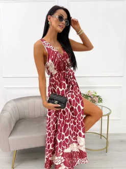 Bordowa Sukienka Maxi ze Wzorem i Paskiem 14089-313-A|Modna Kiecka Discount