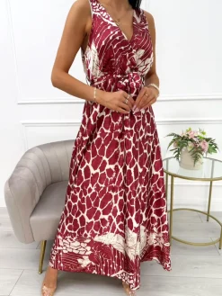 Bordowa Sukienka Maxi ze Wzorem i Paskiem 14089-313-A|Modna Kiecka Discount