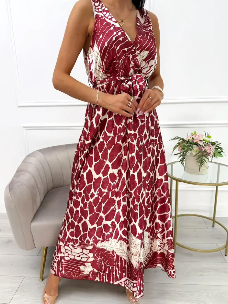 Bordowa Sukienka Maxi ze Wzorem i Paskiem 14089-313-A|Modna Kiecka Discount