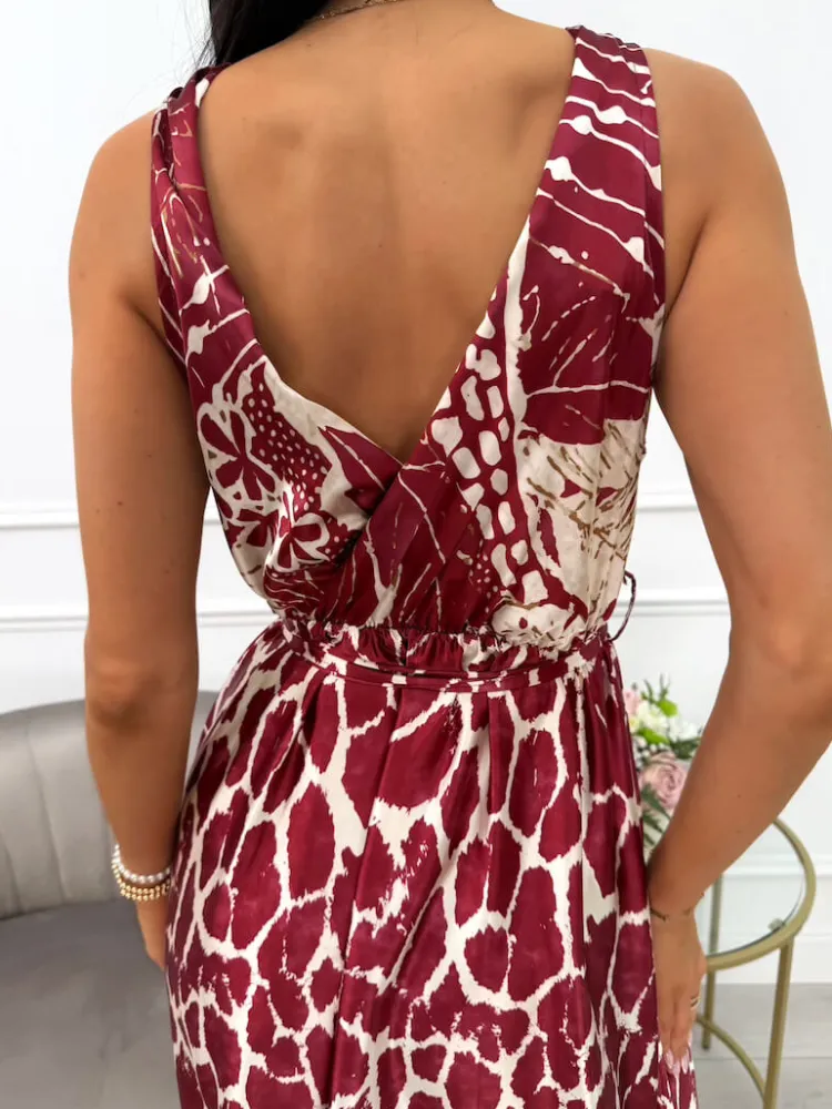 Bordowa Sukienka Maxi ze Wzorem i Paskiem 14089-313-A|Modna Kiecka Discount