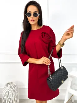 Bordowa Sukienka Oversize z Ozdobną Różą 12818-358-A|Modna Kiecka Hot