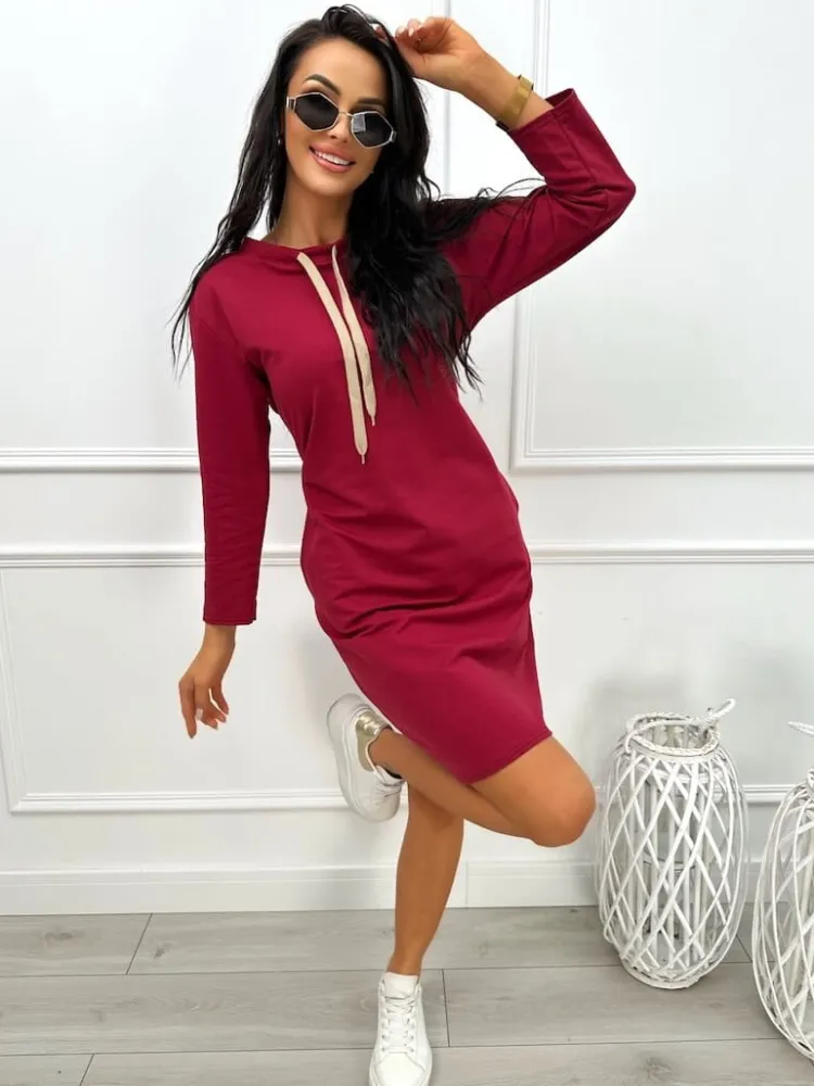 Bordowa Sukienka z Kieszeniami 13454-49-B|Modna Kiecka Discount