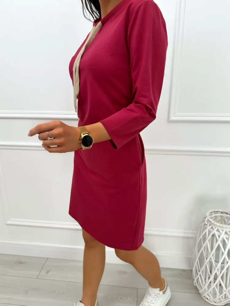 Bordowa Sukienka z Kieszeniami 13454-49-B|Modna Kiecka Discount