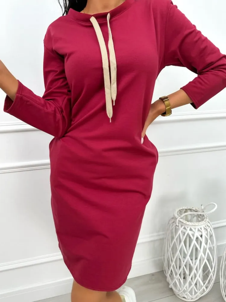 Bordowa Sukienka z Kieszeniami 13454-49-B|Modna Kiecka Discount