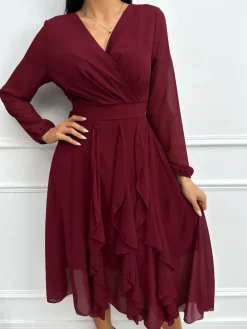 Bordowa Sukienka z Kopertowym Dekoltem 13355-135-A|Modna Kiecka Outlet