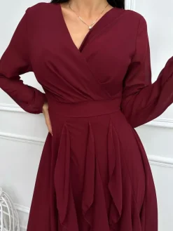 Bordowa Sukienka z Kopertowym Dekoltem 13355-135-A|Modna Kiecka Outlet