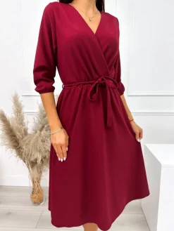 Bordowa Sukienka z Kopertowym Dekoltem 10609-193-B|Modna Kiecka Hot