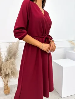 Bordowa Sukienka z Kopertowym Dekoltem 10609-193-B|Modna Kiecka Hot