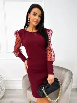 Bordowa Sukienka z Ozdobnym Rękawem 11043-30-G|Modna Kiecka Discount