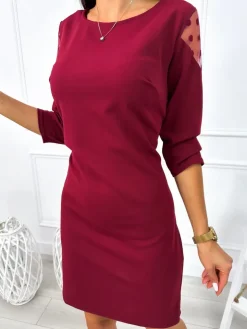 Bordowa Sukienka z Ozdobnym Rękawem 12780-24-A|Modna Kiecka Clearance