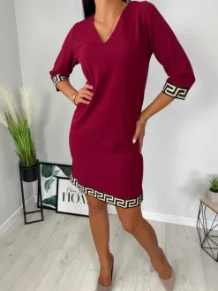 Bordowa Sukienka z Ozdobnymi Wstawkami 11438-425-C|Modna Kiecka Sale