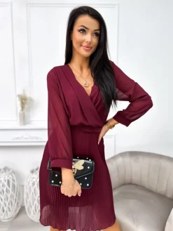 Bordowa Sukienka z Plisowanym Dołem 12799-182-A|Modna Kiecka Hot