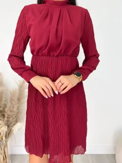 Bordowa Sukienka ze Stójką 9275-200-A|Modna Kiecka Outlet