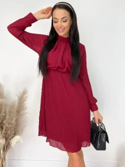 Bordowa Sukienka ze Stójką 9275-200-A|Modna Kiecka Outlet