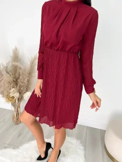 Bordowa Sukienka ze Stójką 9275-200-A|Modna Kiecka Outlet