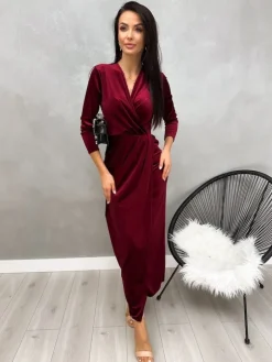 Bordowa Welurowa Sukienka Maxi z Rozporkiem 13228-292-A|Modna Kiecka New