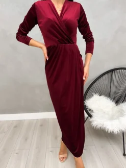 Bordowa Welurowa Sukienka Maxi z Rozporkiem 13228-292-A|Modna Kiecka New