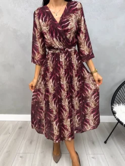 Bordowa Wzorzysta Plisowana Sukienka z Paskiem 13104-167-A|Modna Kiecka Discount