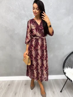 Bordowa Wzorzysta Plisowana Sukienka z Paskiem 13104-167-A|Modna Kiecka Discount