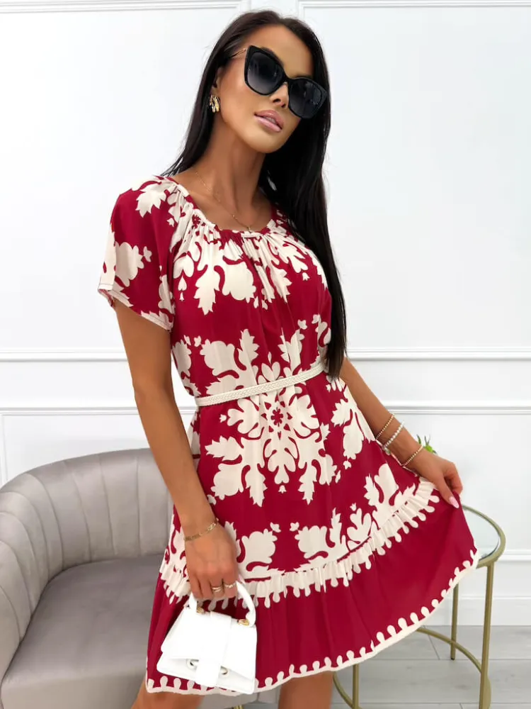 Bordowo-Kremowa Sukienka ze Wzorem 14057-503-A|Modna Kiecka Fashion