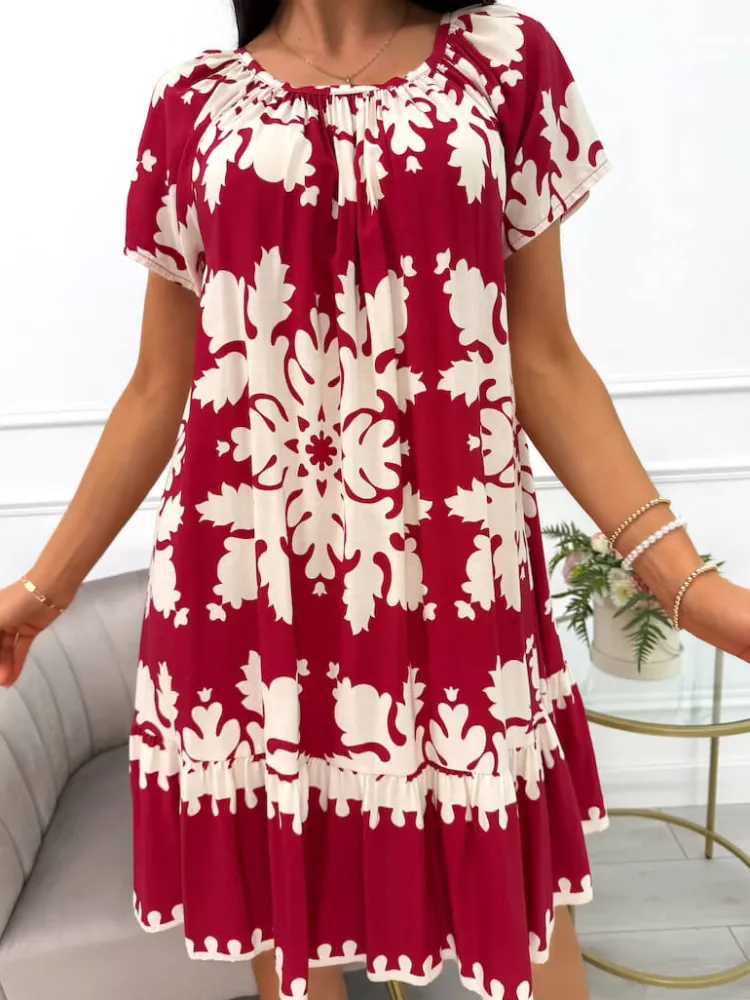 Bordowo-Kremowa Sukienka ze Wzorem 14057-503-A|Modna Kiecka Fashion
