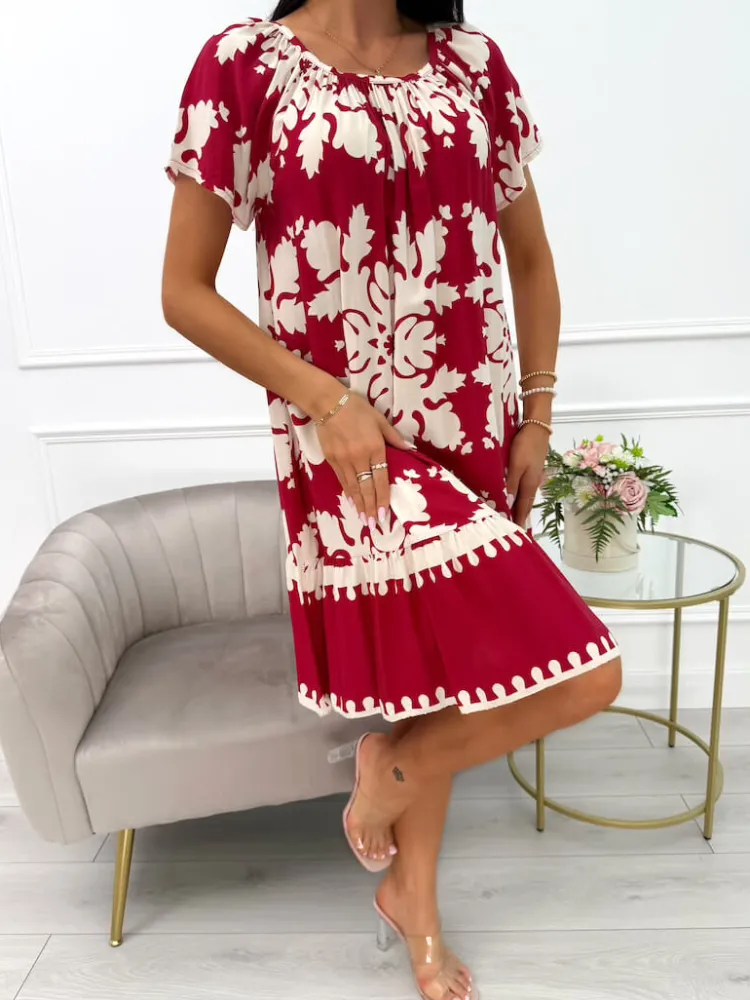 Bordowo-Kremowa Sukienka ze Wzorem 14057-503-A|Modna Kiecka Fashion