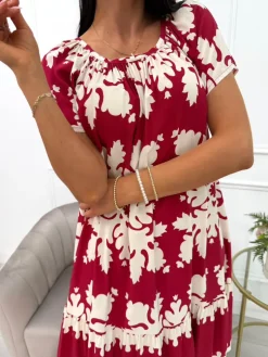 Bordowo-Kremowa Sukienka ze Wzorem 14057-503-A|Modna Kiecka Fashion