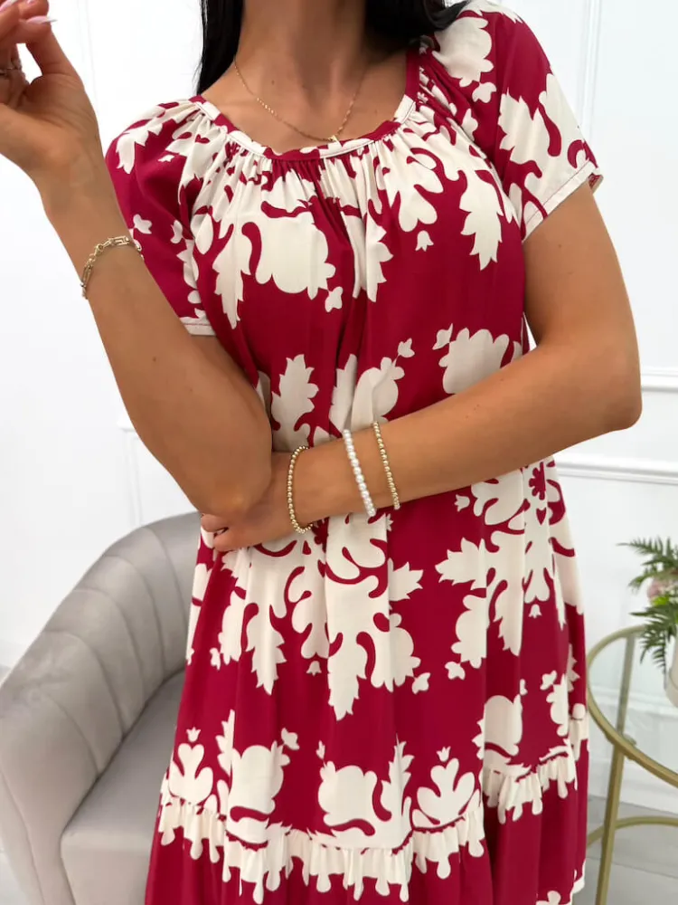 Bordowo-Kremowa Sukienka ze Wzorem 14057-503-A|Modna Kiecka Fashion