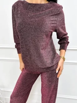 Bordowy Połyskujący Komplet Bluzka + Spodnie 13312-176-A|Modna Kiecka Fashion