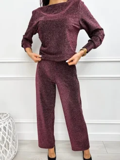 Bordowy Połyskujący Komplet Bluzka + Spodnie 13312-176-A|Modna Kiecka Fashion
