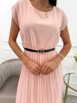 Brzoskwiniowa Sukienka z Plisowanym Dołem i Paskiem 13919-281-B|Modna Kiecka Fashion
