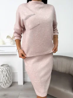 Brzoskwiniowy Sweterkowy Komplet ze Spódnicą 9085-347-G|Modna Kiecka Outlet