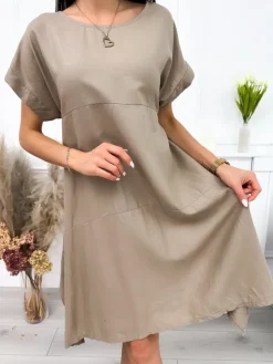 Brązowa Asymetryczna Sukienka 12189-274-A|Modna Kiecka Clearance