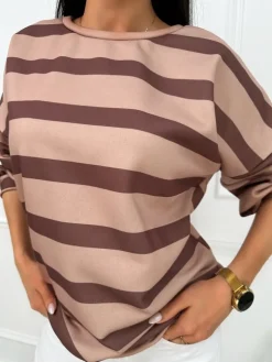 Brązowa Bluza w Paski 13451-04-B|Modna Kiecka Discount
