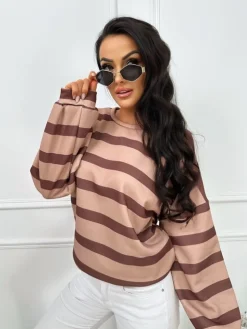 Brązowa Bluza w Paski 13451-04-B|Modna Kiecka Discount
