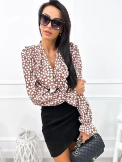 Brązowa Bluzka w Grochy z Falbankami 12653-525-B|Modna Kiecka New