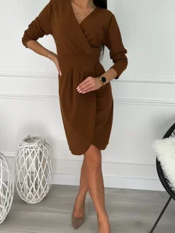 Brązowa Kopertowa Sukienka 7097-107-I|Modna Kiecka Hot