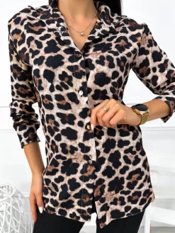 Brązowa Koszula w Panterkę 12879-84 12879-84-Q|Modna Kiecka Fashion