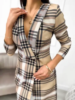 Brązowa Marynarkowa Sukienka w Kratę  11146-58-Q|Modna Kiecka Hot
