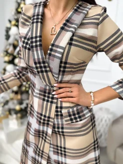 Brązowa Marynarkowa Sukienka w Kratę  11146-58-Q|Modna Kiecka Hot