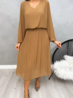 Brązowa Plisowana Sukienka Midi 13192-401-B|Modna Kiecka Fashion