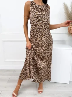 Brązowa Sukienka Maxi w Panterkę 12576-107 12576-107-Q|Modna Kiecka Outlet
