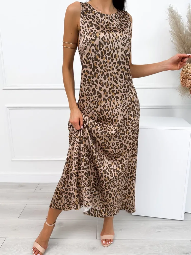 Brązowa Sukienka Maxi w Panterkę 12576-107 12576-107-Q|Modna Kiecka Outlet