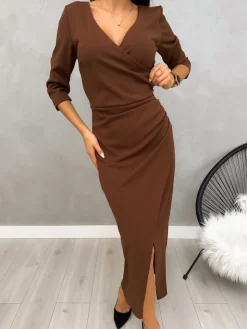 Brązowa Sukienka Maxi z Rozporkiem 13189-527-B|Modna Kiecka Fashion