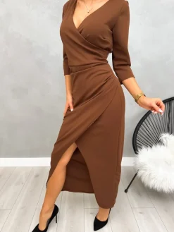 Brązowa Sukienka Maxi z Rozporkiem 13189-527-B|Modna Kiecka Fashion