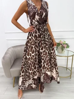 Brązowa Sukienka Maxi ze Wzorem i Paskiem 14089-313-B|Modna Kiecka Clearance
