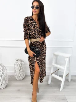 Brązowa Sukienka Midi w Panterkę 12766-241-Q|Modna Kiecka Outlet